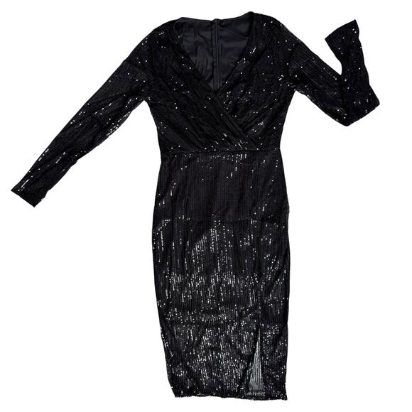 Black Sequin Long Sleeve Dress Small V Neck Wrap Party Holiday Cocktail Glam - Picture 1 of 14